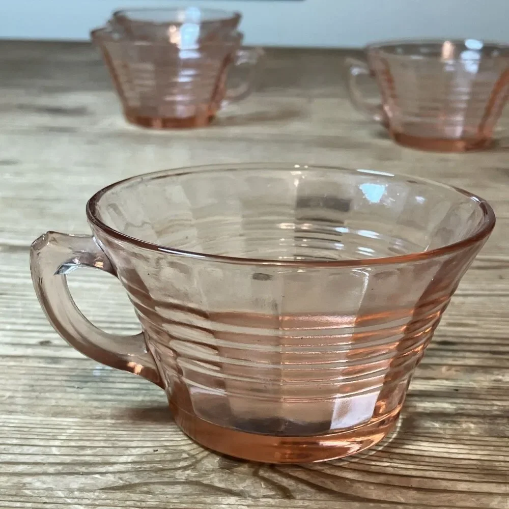 Vintage Pink Rings Depression Glass Cup Mugs Set Of 4 Art Deco Optic Design